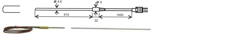 GT1150 Instickssond 4,8 x 610 mm termoelement typ K, 1 m kabel